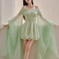 DOLLY High End Green ombre Off Shoulder Puff Sleeves Pleated Tutu Dress- Tulip