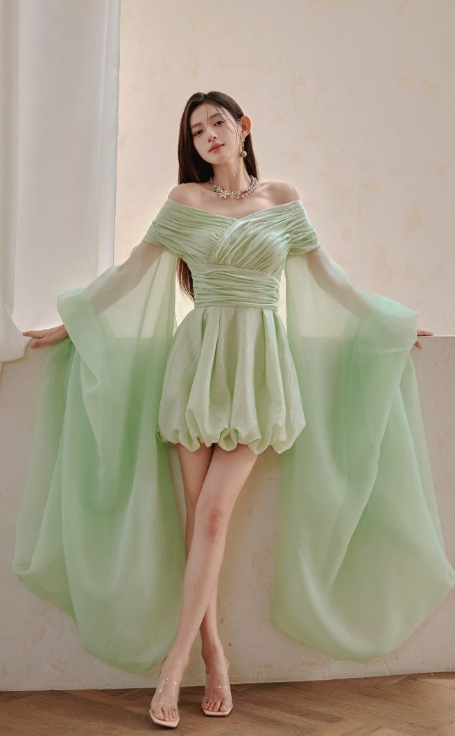 DOLLY High End Green ombre Off Shoulder Puff Sleeves Pleated Tutu Dress- Tulip