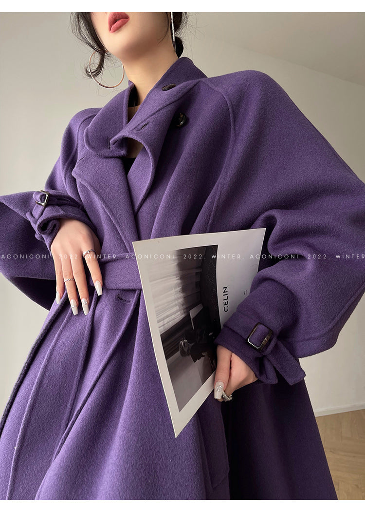 Aconiconi Autumn purple tan double-sided heavy wool cloak jacket long coat - Maple