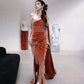 DOLLY Luxury Brown Velvet Greek Style Long Slit Banquet Dress-KARA