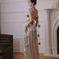 DOLLY Elegant Retro Sliver Gold Deep V-Neck Sleeveless Flower Long Cocktail Dress- Nisa