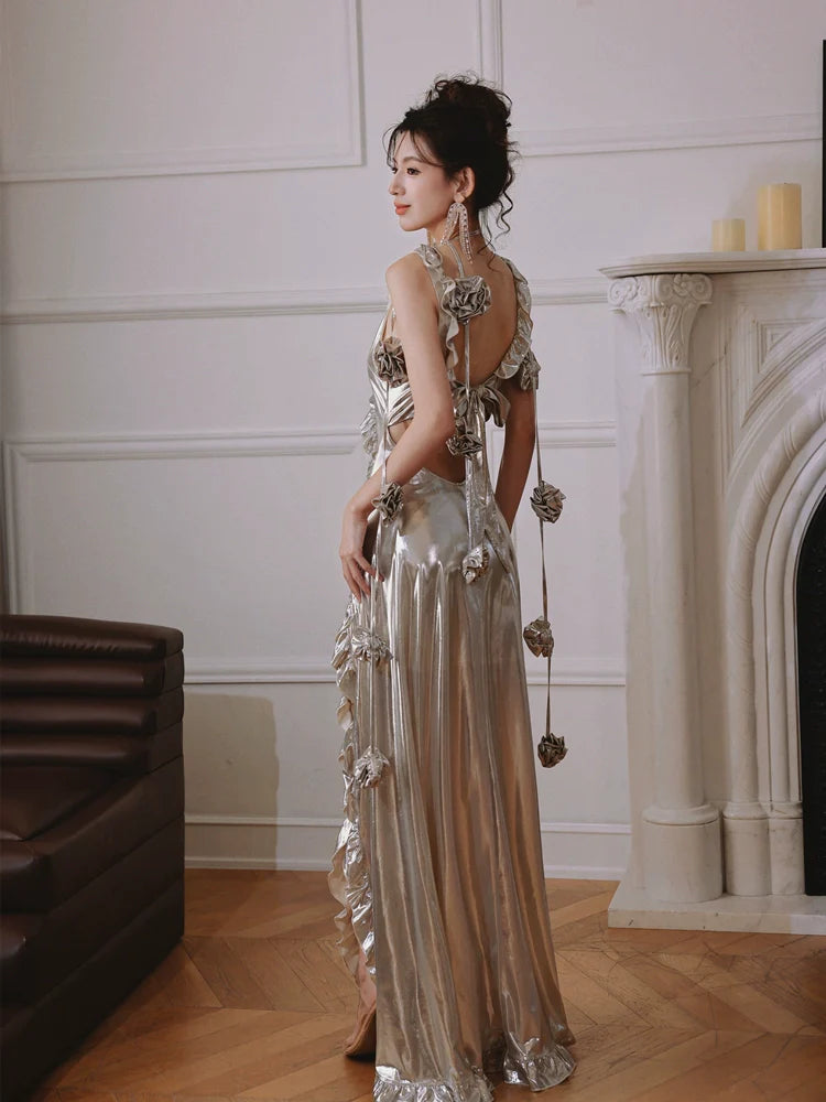 DOLLY Elegant Retro Sliver Gold Deep V-Neck Sleeveless Flower Long Cocktail Dress- Nisa