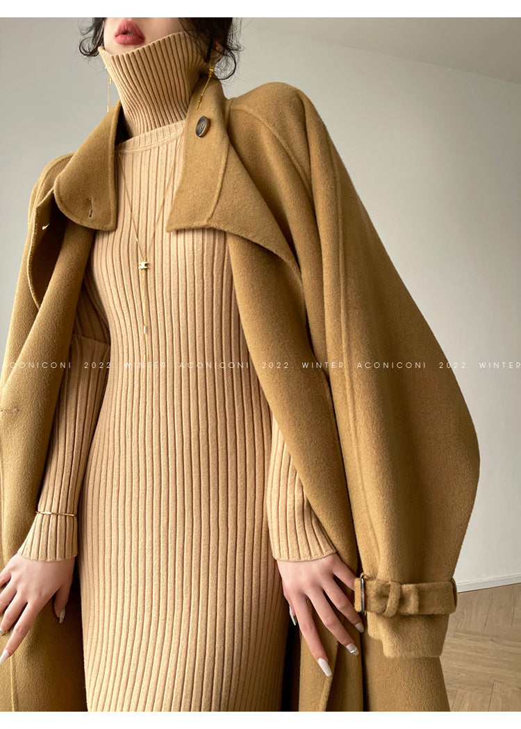 Aconiconi Autumn purple tan double-sided heavy wool cloak jacket long coat - Maple