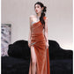 DOLLY Luxury Brown Velvet Greek Style Long Slit Banquet Dress-KARA