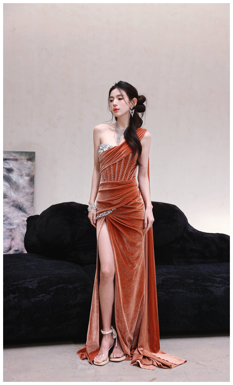 DOLLY Luxury Brown Velvet Greek Style Long Slit Banquet Dress-KARA