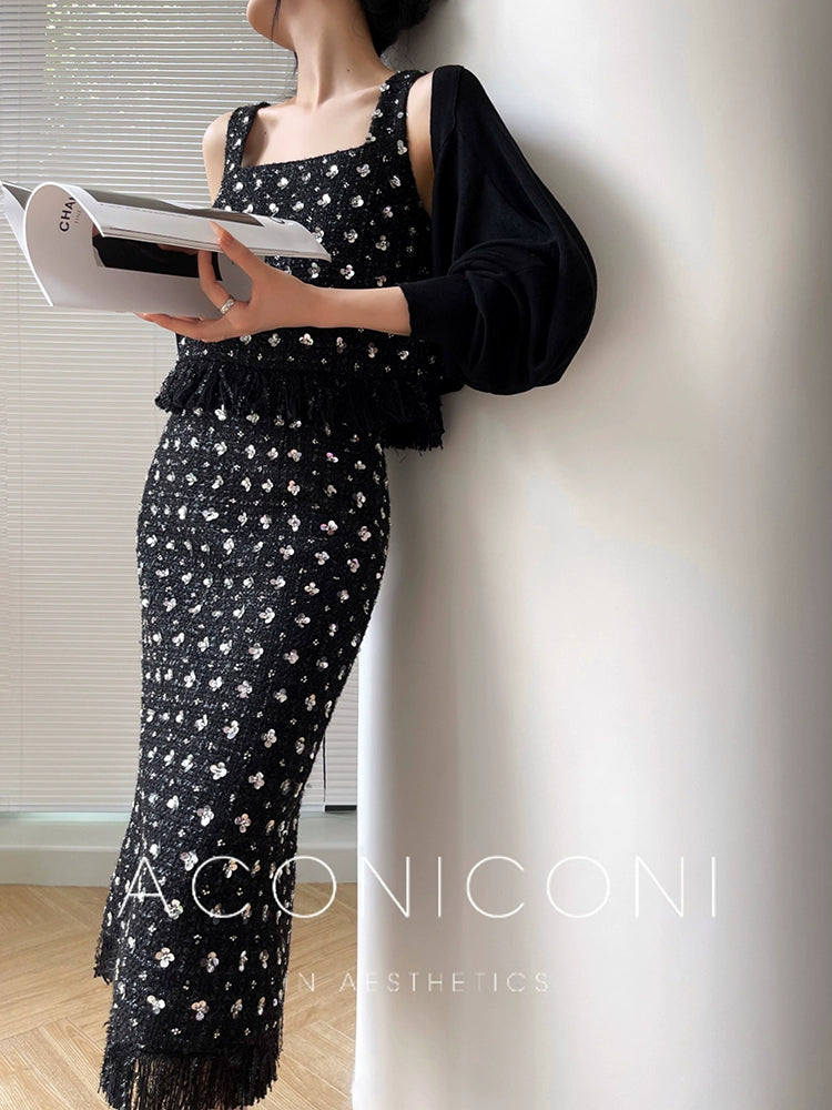 Aconiconi Marvel Star French vintage long short black tweed skirt top - Ceitr