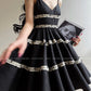 Aconiconi Elegant Black V-Neck Sleeveless Midi Tutu Chic Dress- Rainy Night in Paris