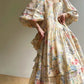 Aconiconi Elegant French Flower Print Puff Sleeve Loose Resort Dress-  Huatian Pear Cloud