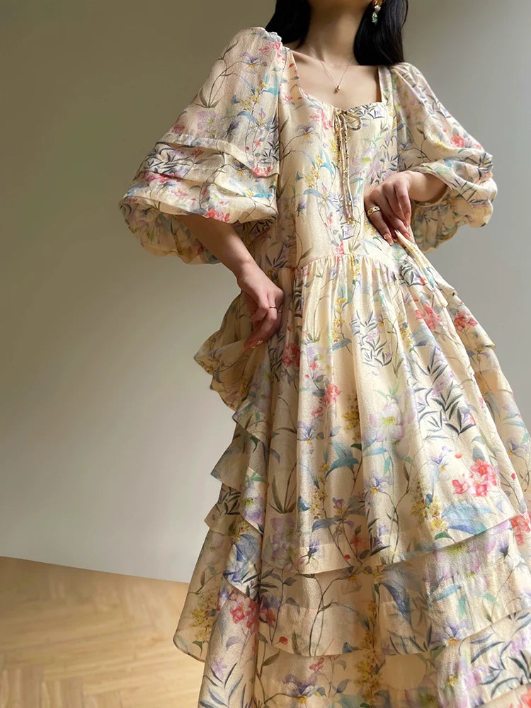 Aconiconi Elegant French Flower Print Puff Sleeve Loose Resort Dress-  Huatian Pear Cloud