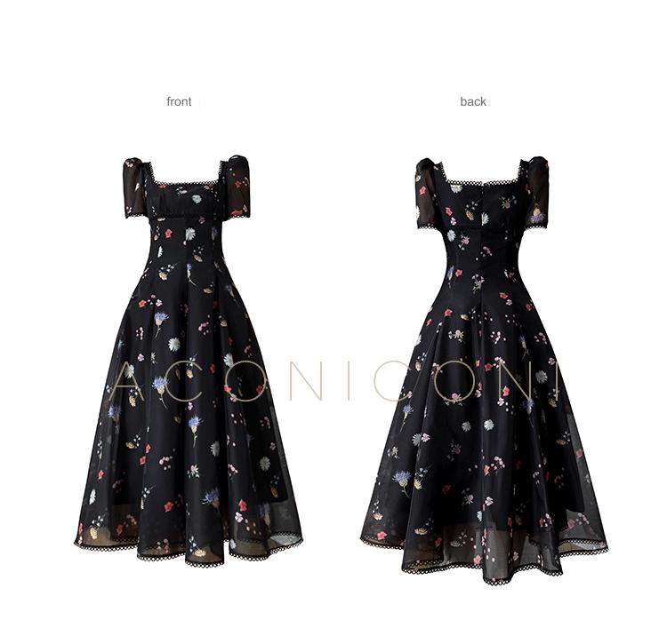 Aconiconi Elegant Black Floal Print Dinner Dress- Huajian Secret Realm