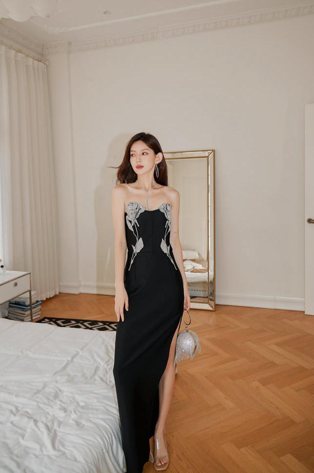 DOLLY Luxury Black Sleeveless Off Shoulder Diamond Tube Top Long Slit Dress-CLAUDIA