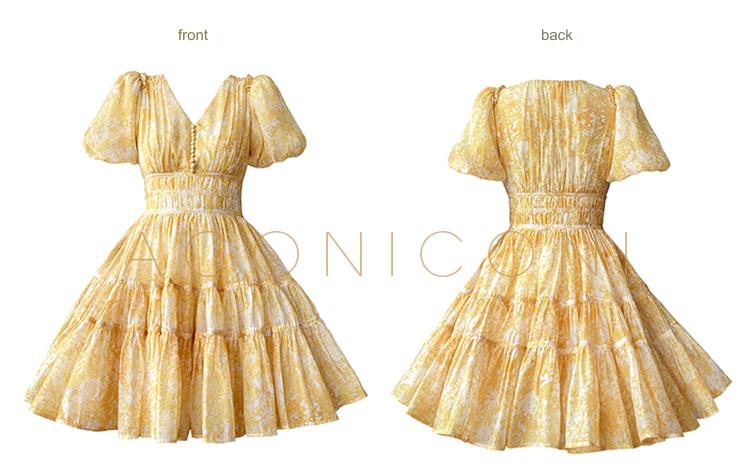 Aconiconi Elegant Yellow V-NeckPuff Sleeve Vacation Dress- Manshan