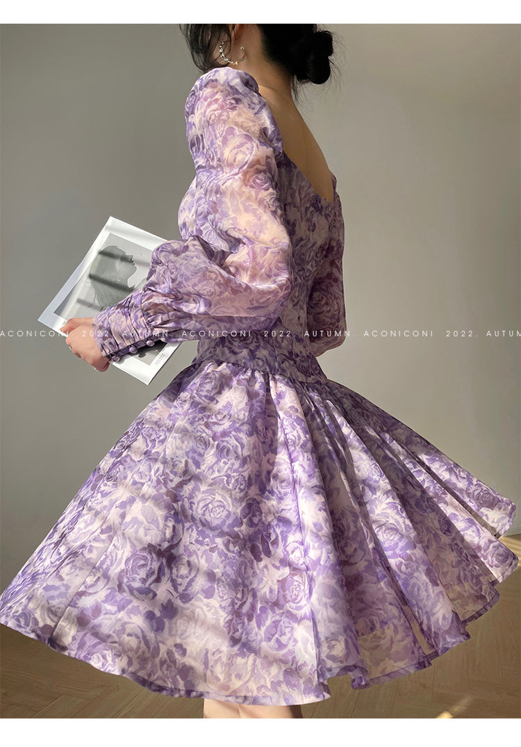 Aconiconi Square Collar Long Sleeve Tea Dress- Amethyst Water