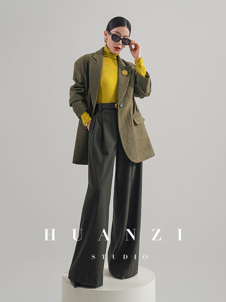 Huanzi high-end retro autumn and winter 100% wool waist suit jacket - Cassie