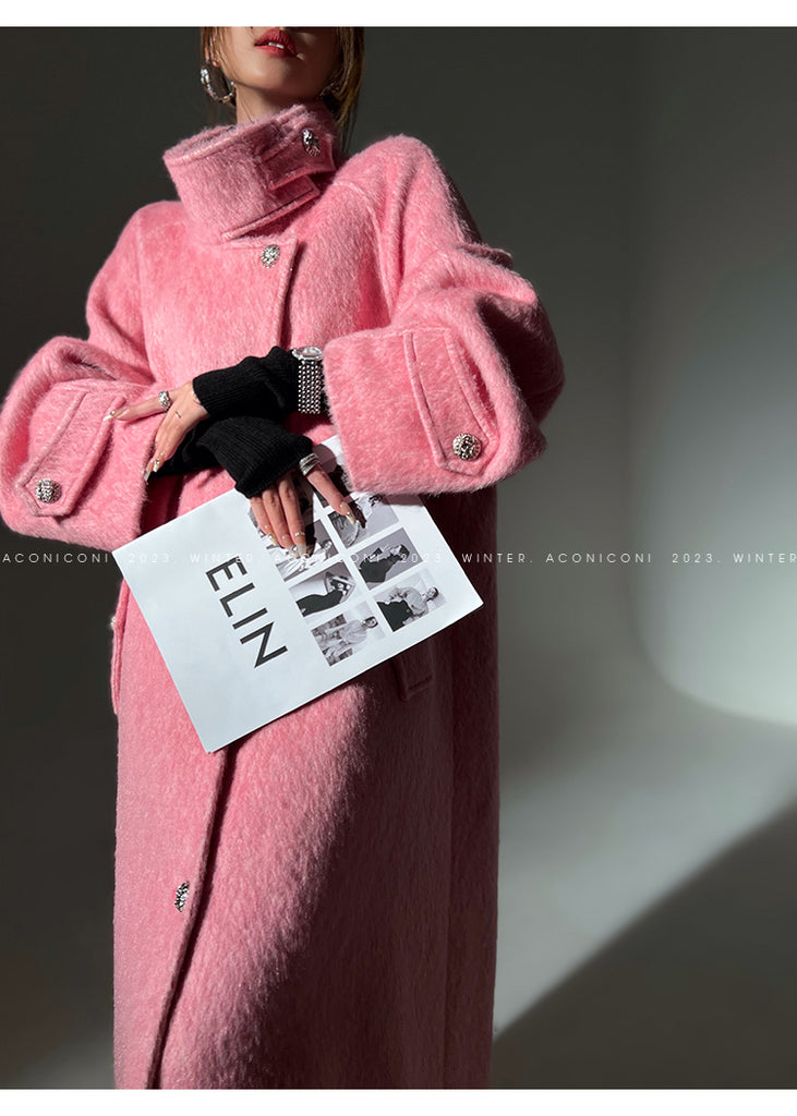 Luxury full Winter Coat Bubble gum Pink Inkstone wool long coat - Lanshan