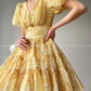 Aconiconi Elegant Yellow V-NeckPuff Sleeve Vacation Dress- Manshan