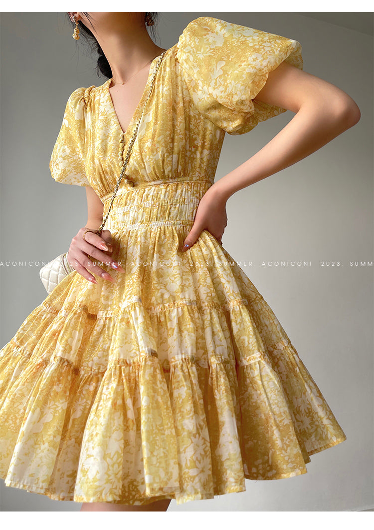 Aconiconi Elegant Yellow V-NeckPuff Sleeve Vacation Dress- Manshan