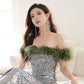 DOLLY Luxury Sliver Retro Style Green Feather Tube Top Long Glitter Party Dress-THEKLA