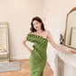 DOLLY Elegant Green Off Shoulder Tube Top High Waist Slit Dinner Dress-MEL