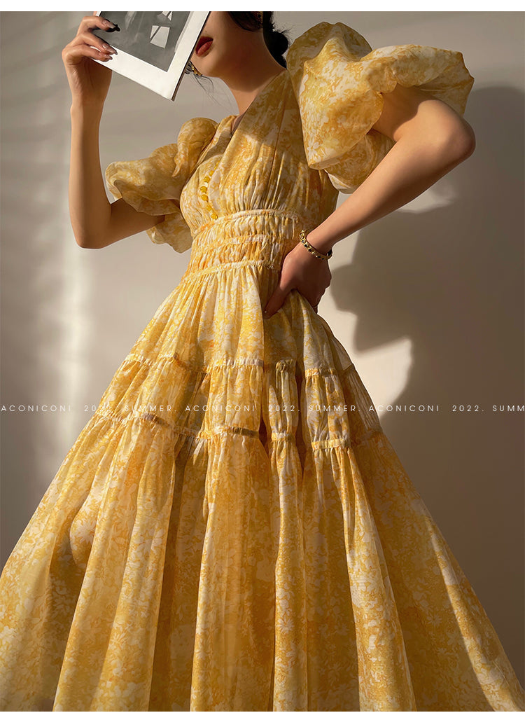 Aconiconi Elegant Yellow V-NeckPuff Sleeve Vacation Dress- Manshan