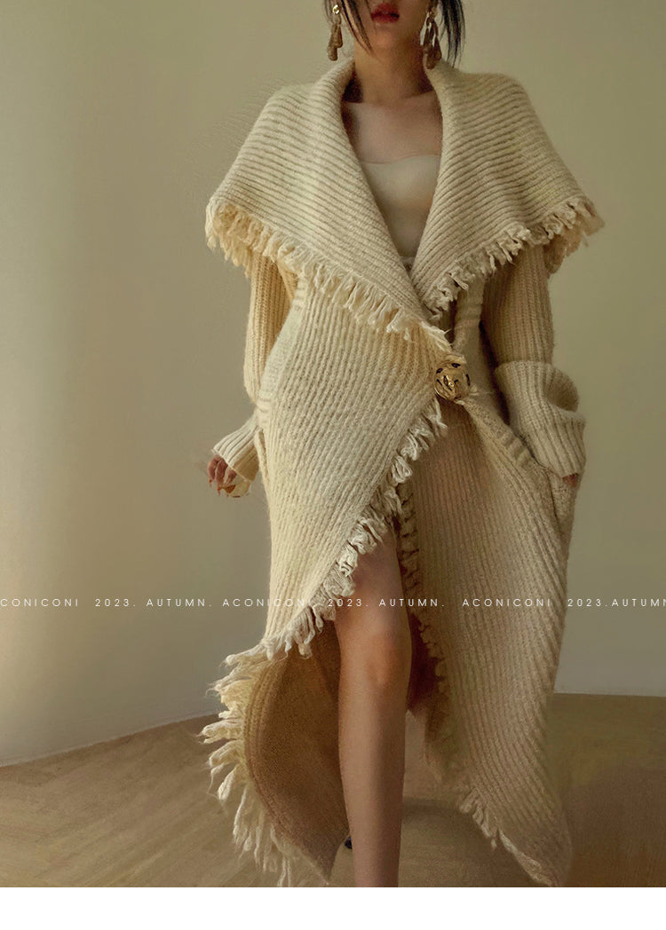 Aconiconi Boho Long Loose Knitted Sweater Tassel Jacket-Loose Tea Quinoa