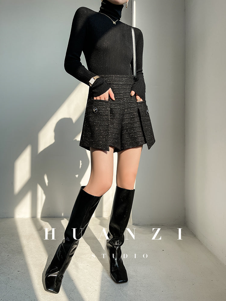 Huanzi yarn wool woven A-line high-waisted tweed shorts - mwaw