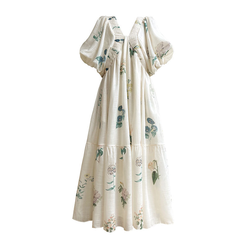 Aconiconi Elegant  Retro Floral Print V-Neck Short Sleeve Holiday Long Dress-Tingting Qingyao