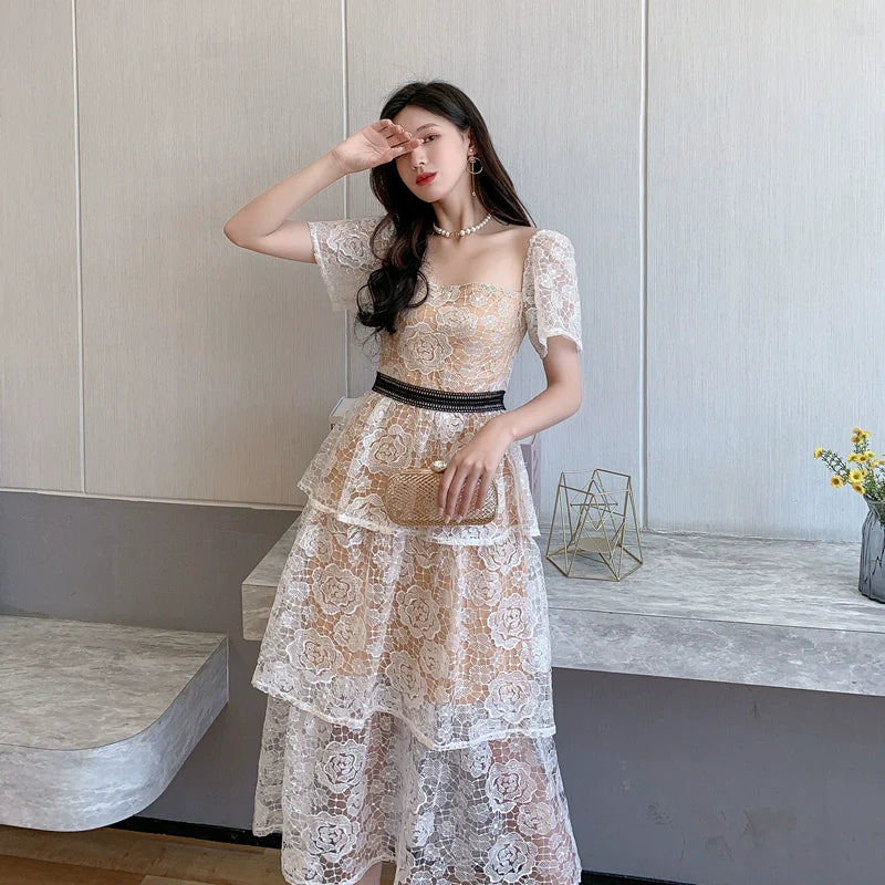 DOLLY Luxury French Style Square Collar Short Puff Sleeves Long Lace Cake Dress-POKIE