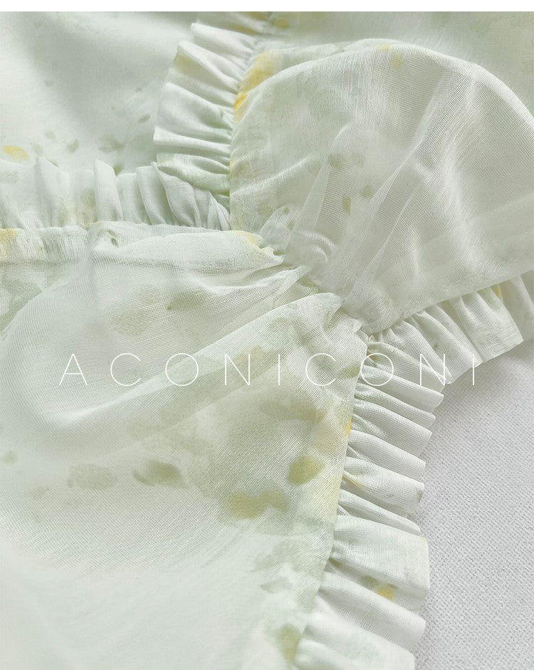 Aconiconi Luxury Off White floral print Puff Sleeve French cottaage bridal Dress- Yurui Chuning