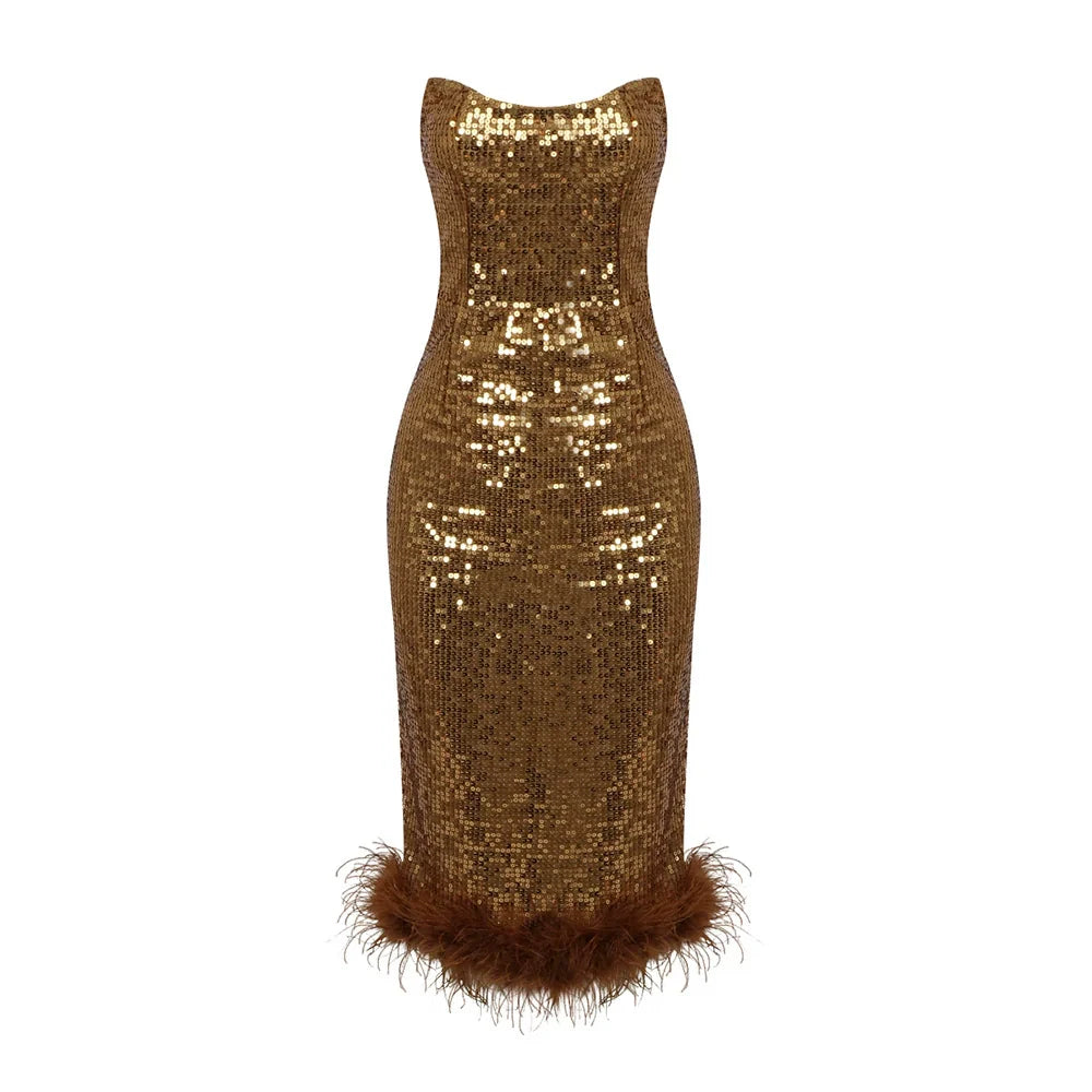 DOLLY Luxury Sleeveless Sequin strapless Feather Fish Tail Midi Cocktail Dress-BROOKE