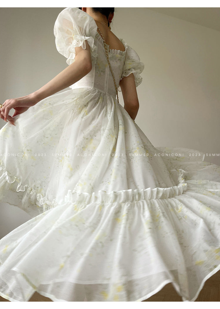 Aconiconi Luxury Off White floral print Puff Sleeve French cottaage bridal Dress- Yurui Chuning