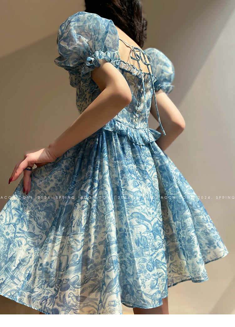 Aconiconi Elegant Blue French Print Short Princess Dress-  Blue Ocean Whisper