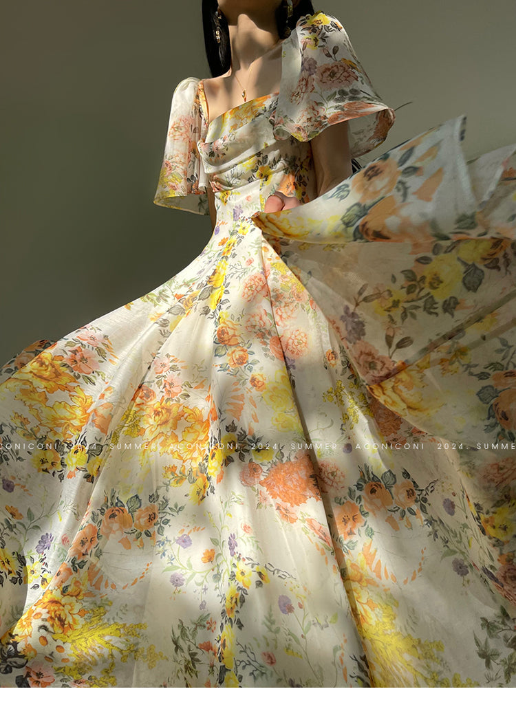 Aconiconi Elegant Flower Print Square Collar Short Sleeve midi  Dress-  Monet Summer Flowers