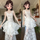 DOLLY Elegant White Flower Embroidery Lace Ruffle Layered Dinner Dress-DAISY  (V)