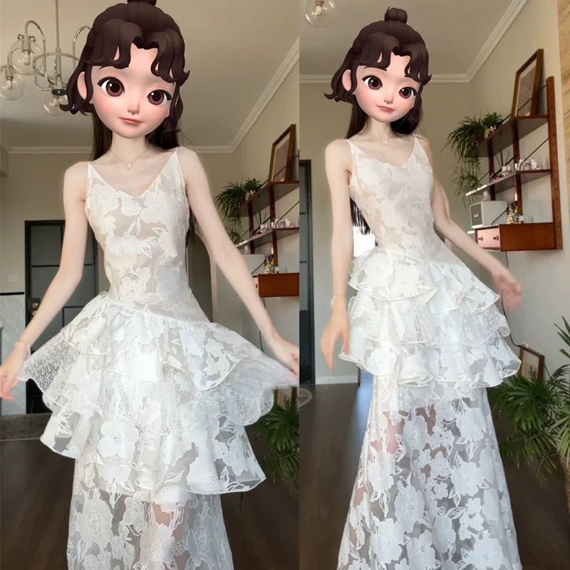 DOLLY Elegant White Flower Embroidery Lace Ruffle Layered Dinner Dress-DAISY  (V)