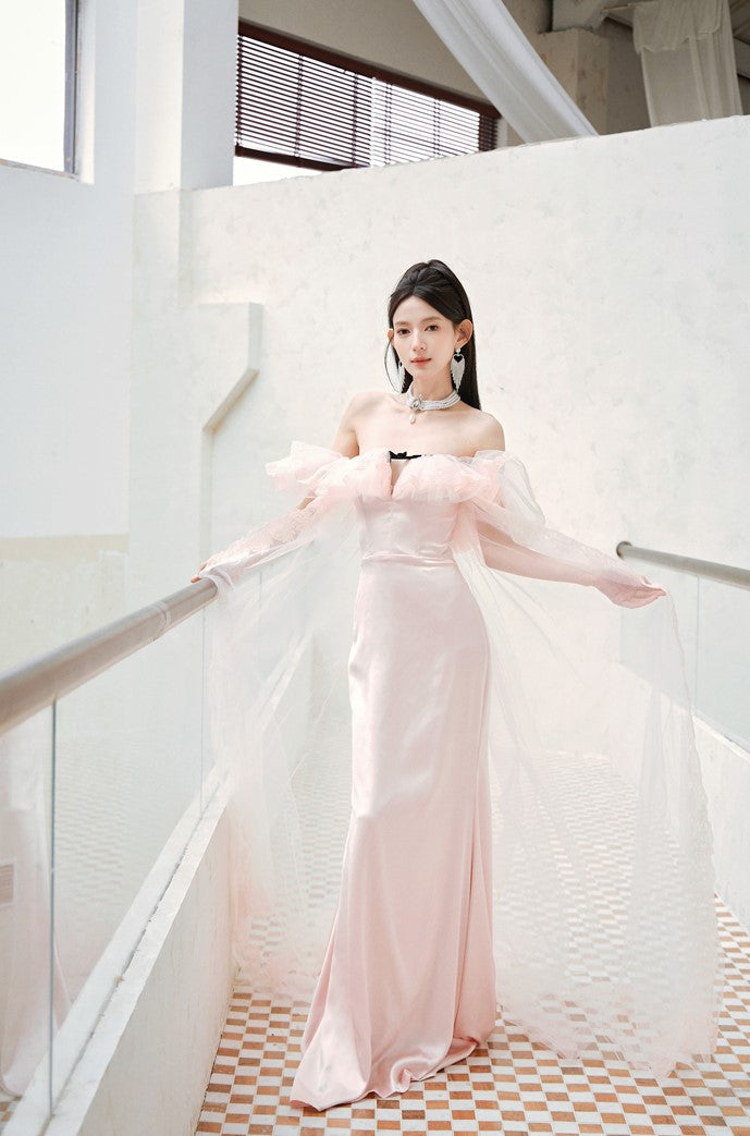 DOLLY Elegant Pastel pink Ruffle Sleeves Long Party Dress- Mina