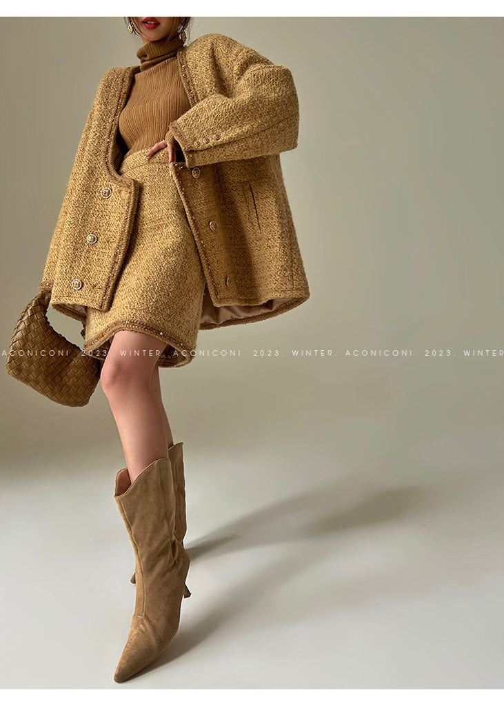 Brownie autumn wool retro tweed suit skirt jacket - Dunnu