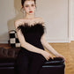 DOLLY High End Black Sleeveless Feather Tube Top Long Flared Pant Jumpsuit- Poel