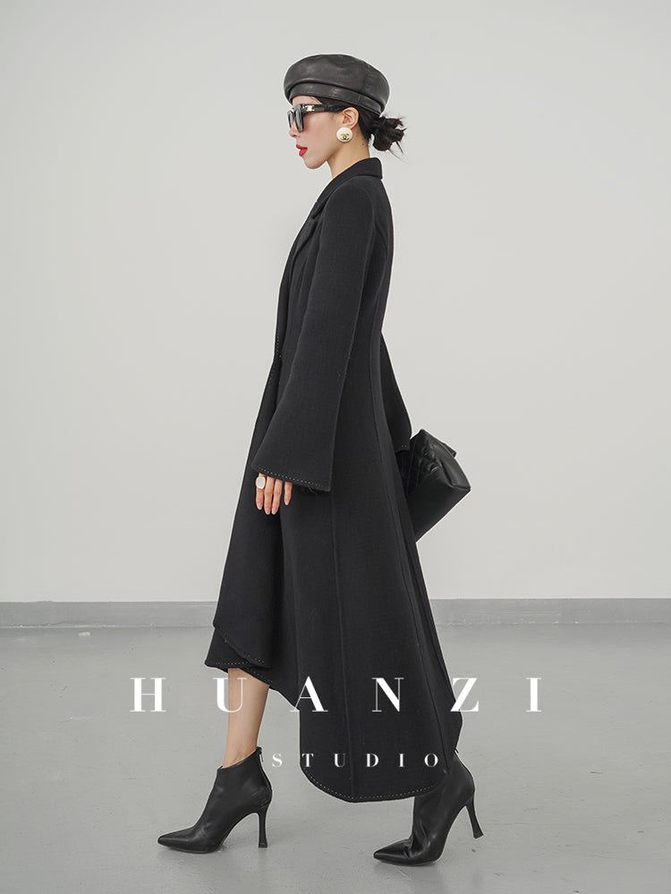 Huanzi double-sided cashmere women's black wool autumn winter coat - Muinw