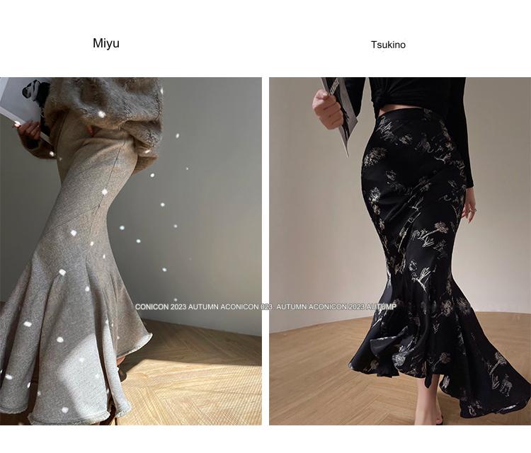 Aconiconi Elegant French Print Hip Hug Fishtail Long Chic Skirt- Miyu Tsukino