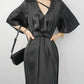 Huanzi high-end satin black V-neck slim pleated dress - Nigoi