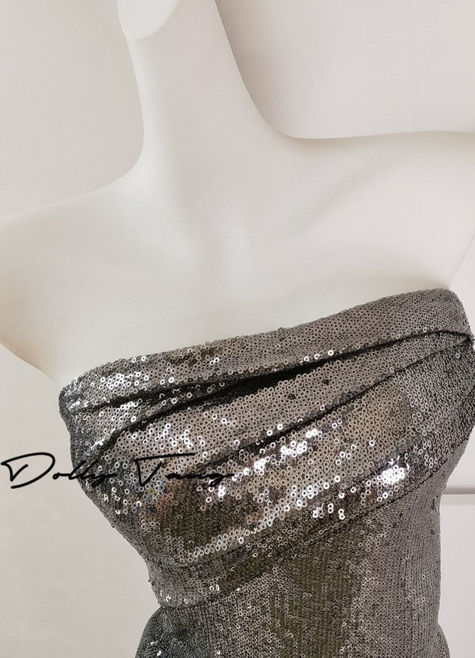 DOLLY Elegant Metallic Gray Sequin Pleated Tube Top-TINA