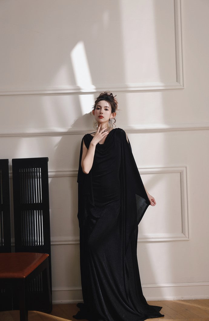 DOLLY Elegant Black Swing Collar Sleeveless Open Back Drape Dress-Kaka (V)