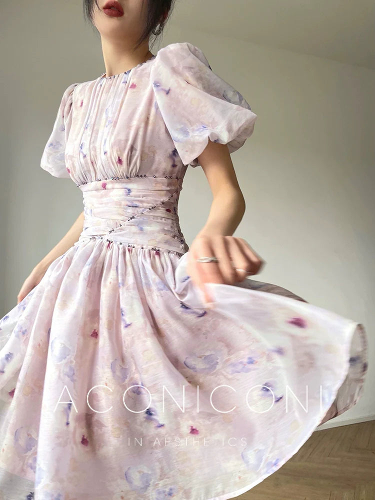 Aconiconi Luxury French Lilac Short Puff Sleeves Dress- Butterfly Dancing Firefly