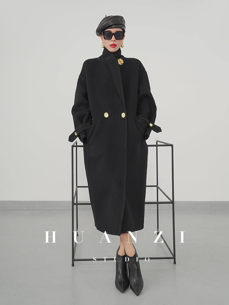 Huanzi tailoring couture minimalist double-sided cashmere wool tweed mid-length coat - Gaue