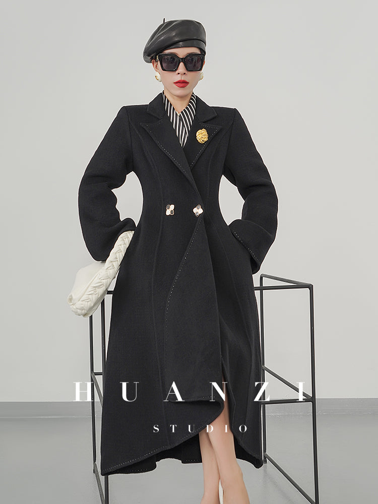 Huanzi double-sided cashmere women's black wool autumn winter coat - Muinw