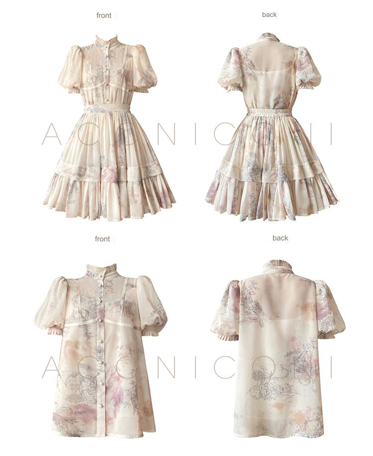 Aconiconi Elegant Stand Collar Long Sleeve Flower Print Tutu Dinner Dress- Konos Love Letter