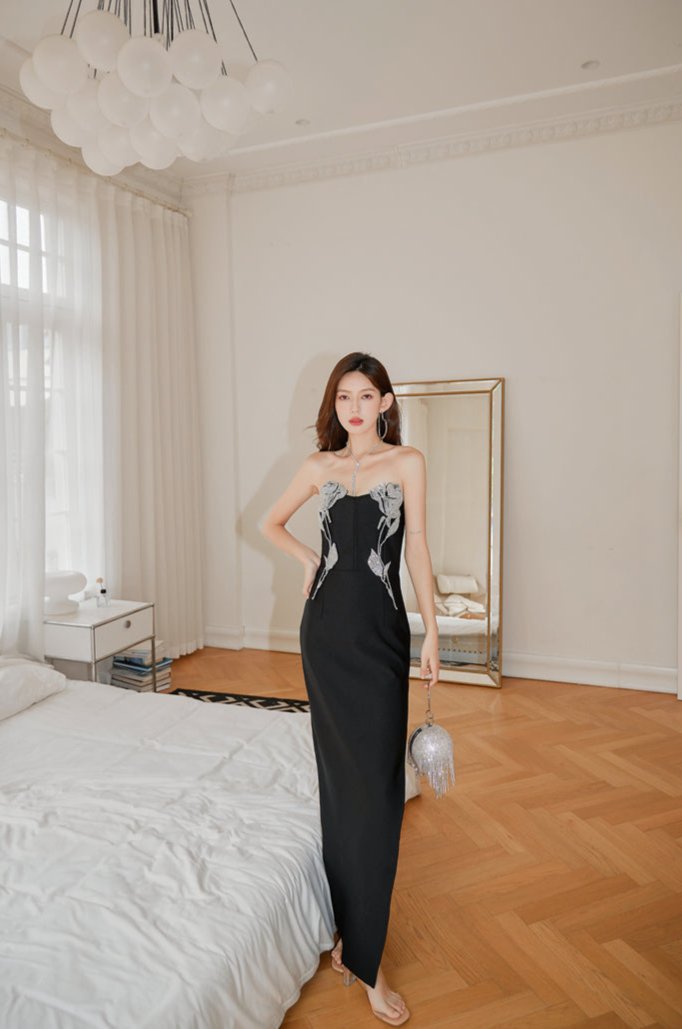 DOLLY Luxury Black Sleeveless Off Shoulder Diamond Tube Top Long Slit Dress-CLAUDIA