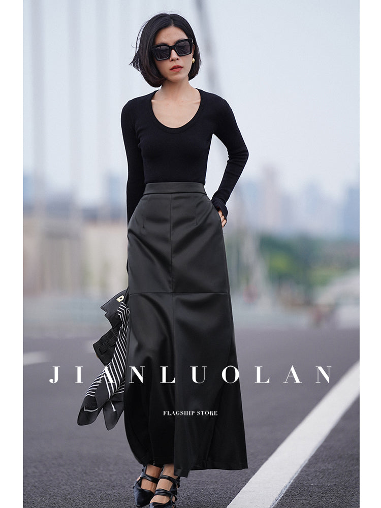 Huanzi customized loose slit midi black skirt - Swan