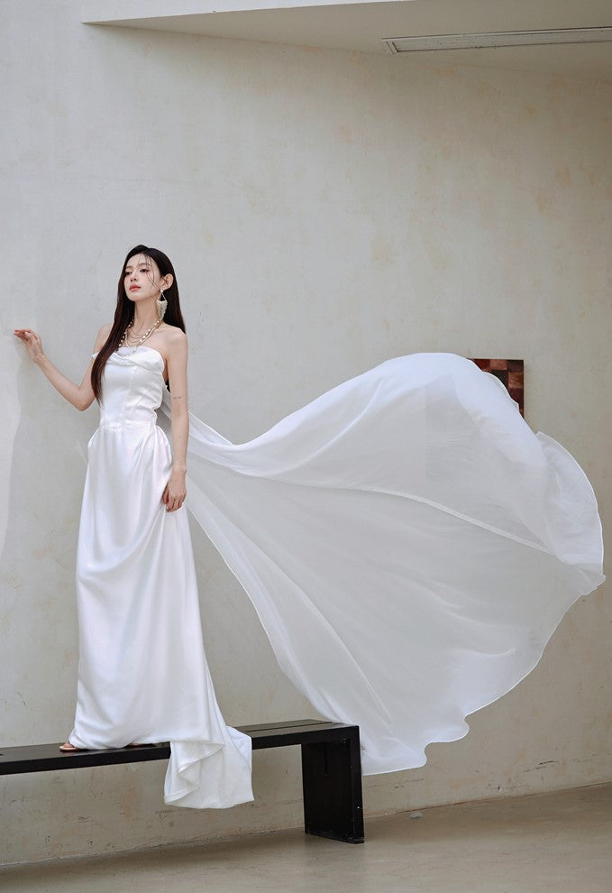 DOLLY Luxury White Bandeau Stain High Waist Long Wedding Dress-Lola